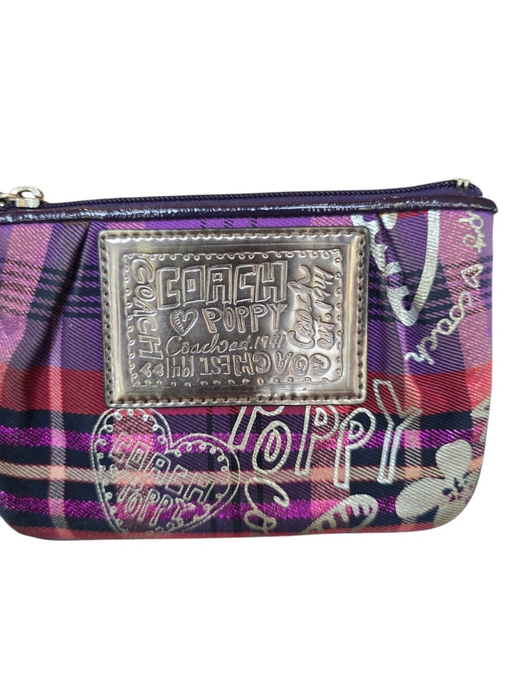 Coach Poppy Tartan Glam Purple Magenta  Black Tote Wristlet 2 Piece Set - Picture 14 of 16